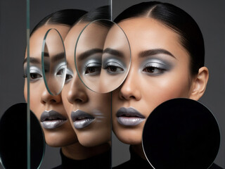 Fashion model face repeated through curved glass elements, mirror composition feels surreal, mirror styling connects beauty and psychology, mirror visuals suit art projects and modern branding