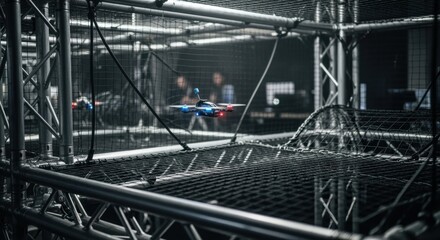 Obraz premium Dimly lit indoor drone racing cage emphasizing taut mesh rigging and structural supports enhancing pilot visibility and flight precision.