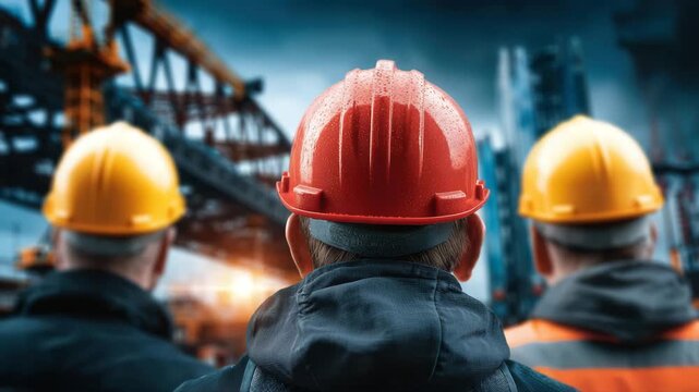 Three construction workers in hard hats standing on industrial site
