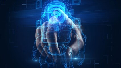 Human Finger Interacting with AI Robot Hologram Interface