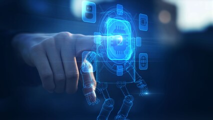 Human Finger Interacting with AI Robot Hologram Interface