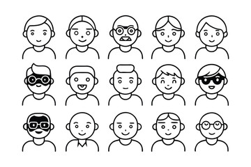 Avatar Icon Set of Diverse People Faces, Minimalist Line Art Character Illustrations for Profile and Web Design