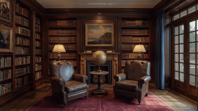 Leather armchair library globe fireplace table lamp cozy elegant study with warm lighting