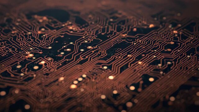 Copper circuit board pattern with glowing bokeh lights, electronic pathway closeup and motherboard