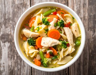 Hearty bowl of homemade chicken noodle soup with vegetables