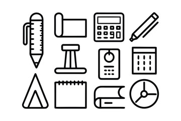 Fototapeta premium Minimalist Stationery and Office Supply Line Icon Set - Back to School and Business Workspace Vector Elements