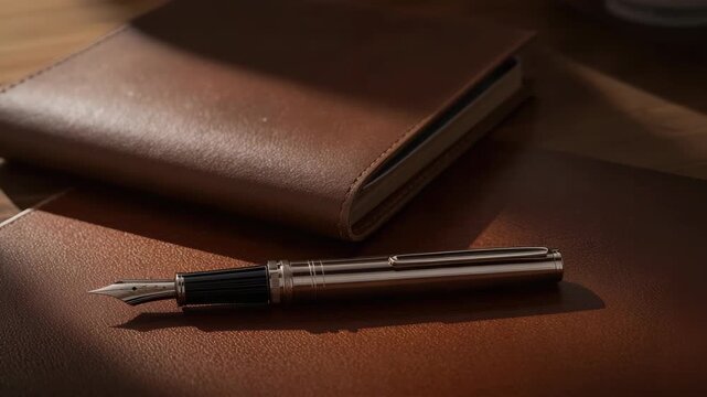 Luxury fountain pen leather notebook writing instrument metal pen nib brown leather with warm moody