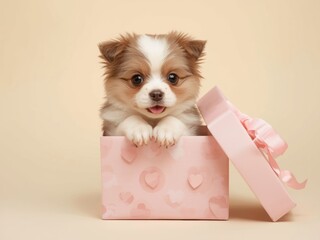 Puppy in pink gift box