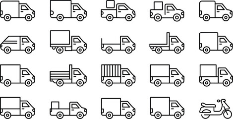 Delivery vehicle line icon set showing trucks vans pickup transport symbols isolated on white background vector illustration collection © LatifunNahar
