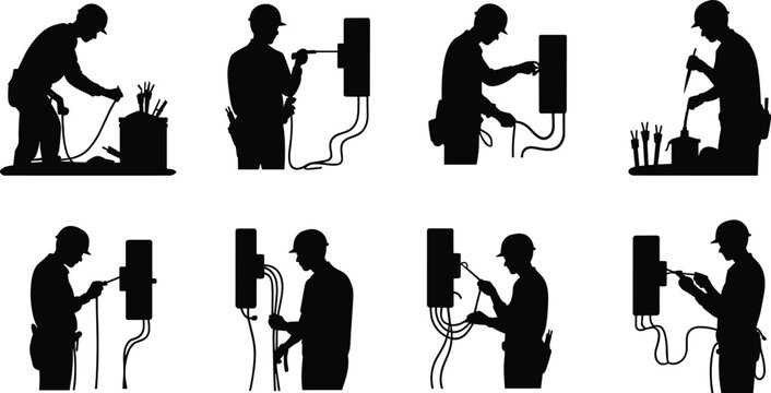 Electrician silhouette set with workers installing electrical panels, wiring cables, and using tools for industrial maintenance isolated on white