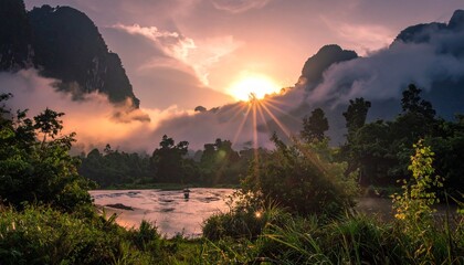 Sunrise over River Valley with Fog and Mountains