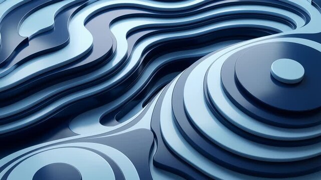 Abstract blue layered waves and circular shapes creating modern three dimensional geometric pattern with smooth flowing curves