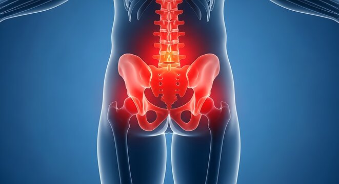 Human Pelvis and Lower Spine with Highlighted Pain Areas in Red