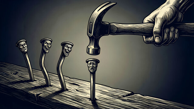 Hand holding a hammer pounds a nail with a frowning face into a wooden surface amidst other nails with various emotional expressions