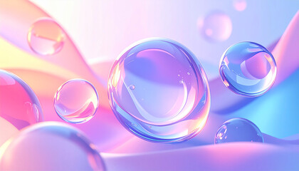 Modern glass morphism liquid background with floating transparent blobs, frosted glass effect, blurred layered background, soft shadows and light refractions, pastel colour palette