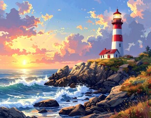 Obraz premium Sunset Lighthouse on Rocky Coast with Crashing Waves