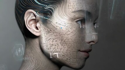Futuristic female profile face with mathematics handwriting and neural contours overlayed portrait - Powered by Adobe