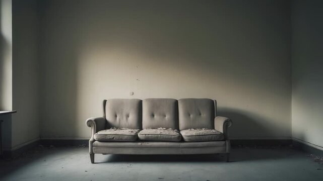 Old couch sits in empty room with bare walls and dust on the floor at an abandoned building during twilight