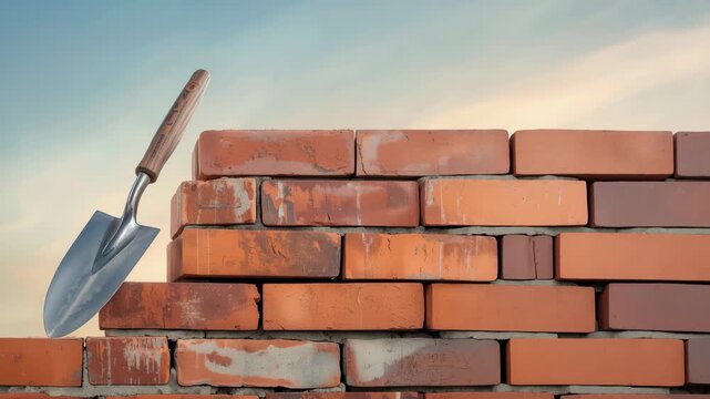 Garden trowel resting on stacked red brick wall at sunset warm masonry mortar construction wall