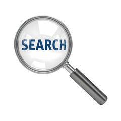 Magnifying glass with search text on black background for investigation