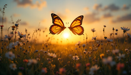 Butterfly flying in a glowing golden sunset field