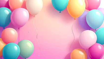 Vibrant colorful balloons floating gracefully against a soft pink backdrop, ideal for festive celebrations, joyful birthdays, cheerful parties, or any happy occasion design