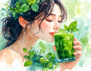Pretty young woman drinking green smoothie with mint leaves for juice cleanse diet and weight loss, dreamy watercolor painting of female drinking glass of blended raw greens and fruit