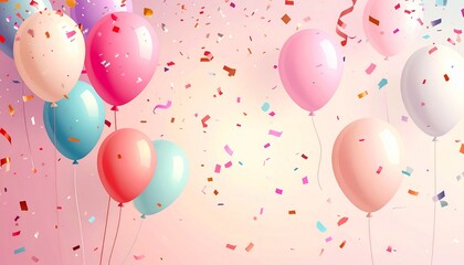 Vibrant and cheerful celebration background featuring colorful balloons and sparkling confetti falling gracefully, perfect for festive parties, birthdays, anniversaries, and joyful events