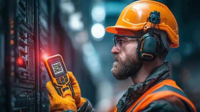 Male worker scanning QR code on industrial panel with modern technology
