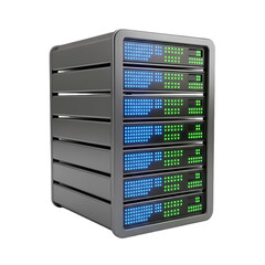 Modern server with blue and green lights on black background