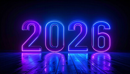 Futuristic '2026' Neon Glow on a Wet, Reflective Floor, Featuring Striking Purple and Blue Light, Representing New Beginnings and the Upcoming Year