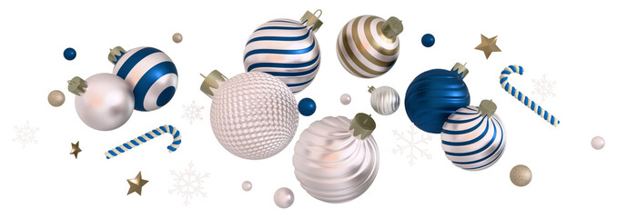 3d Christmas card, holiday wallpaper. Assorted Christmas baubles and candy canes. Smooth shiny silver and blue material. 3D render. PNG.