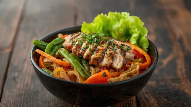 Grilled chicken vegetable stir fry bowl with lettuce bell pepper green bean carrot savory colorful