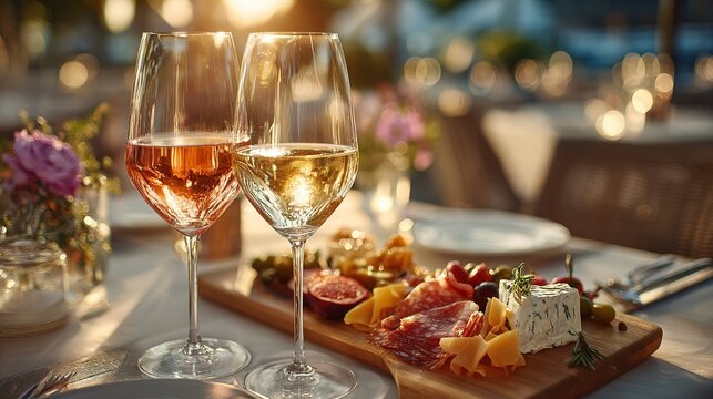 Elegant Wine and Appetizer Still Life Table Setting in Sunlight