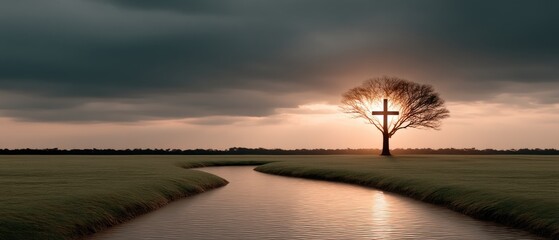 Cross stands on an empty road beside a stream in a green meadow near a tree as sunlight shines through the leaves in a fantasy landscape