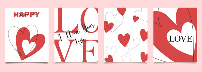 Valentine's Day greeting card set with red and white hearts, romantic love typography, cute heart illustrations, modern minimal design, perfect for February 14 celebration, couples, and gifting.