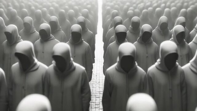 Crowd of people in white hoods walking down a path at an unknown location during a foggy day