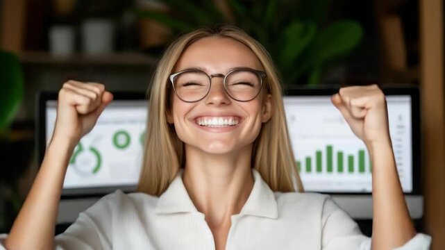 Smiling woman with glasses celebrating success front of laptop showing green charts and raised