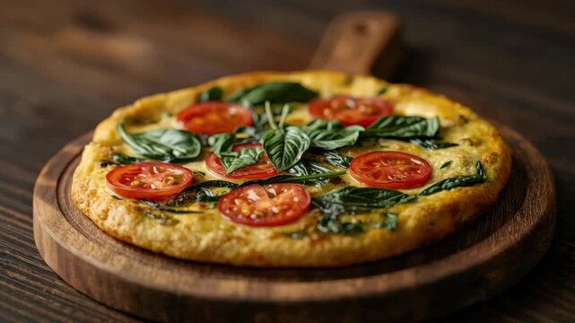 Tomato basil and spinach frittata with eggs on wooden board rustic warm breakfast feeling