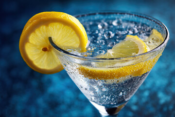Close-up view of a martini with lemon twist and condensation in a bright setting
