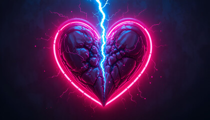 Neon heart divided into brain and emotion concept