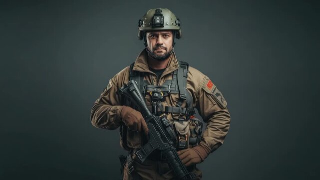 Armed tactical soldier helmet and uniform with rifle and tactical vest, dramatic studio portrait