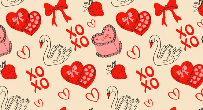 Happy Valentine&rsquo;s or Galentine&rsquo;s Day seamless pattern in a trendy hand drawn whimsical style. Romantic elements with heart candies, strawberry, swan and xo lettering. Vector texture for branding