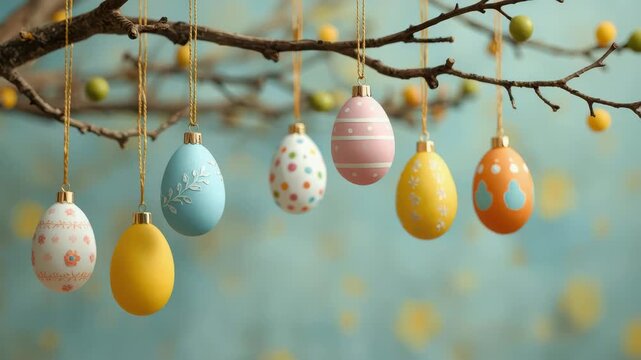 Colorful pastel Easter egg ornaments hanging from branch for cheerful spring decoration