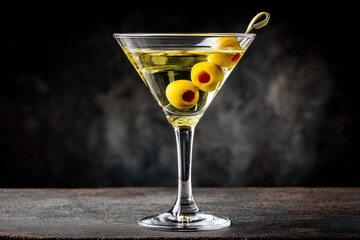 Classic martini served in a clear glass with green olives and garnished with a cocktail pick on a dark background