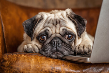 Pug dog resting its head on an armchair while looking at a laptop computer in a cozy indoor space during daytime