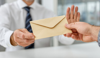 Man in office shirt and tie hands over an envelope during a business meeting in a corporate setting in the morning