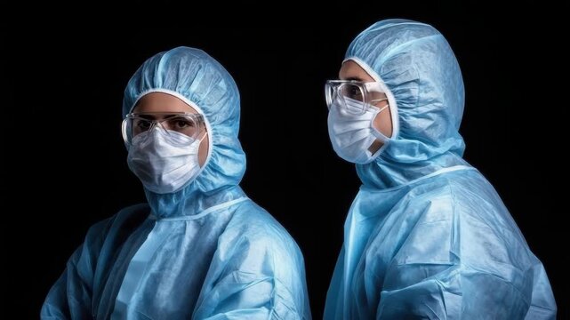 Healthcare worker and medical professional blue protective gown surgical mask safety goggles