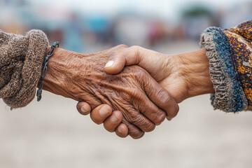 Close interaction between younger and older generations during handshake at outdoor event