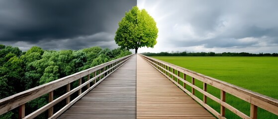 Cross-shaped bridge connects magical forest with bright meadow under dark clouds and sun